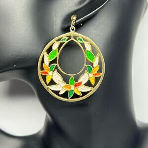 Vintage Park Lane Gold Tone Floral Stained Glass Drop Dangle Earrings